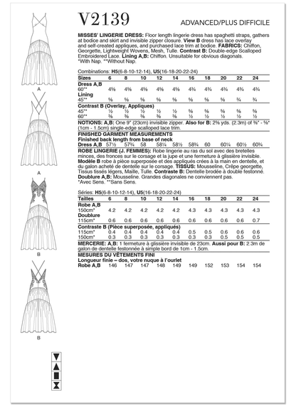 Vogue Patterns V2139 envelope showing a floor length lingerie dress