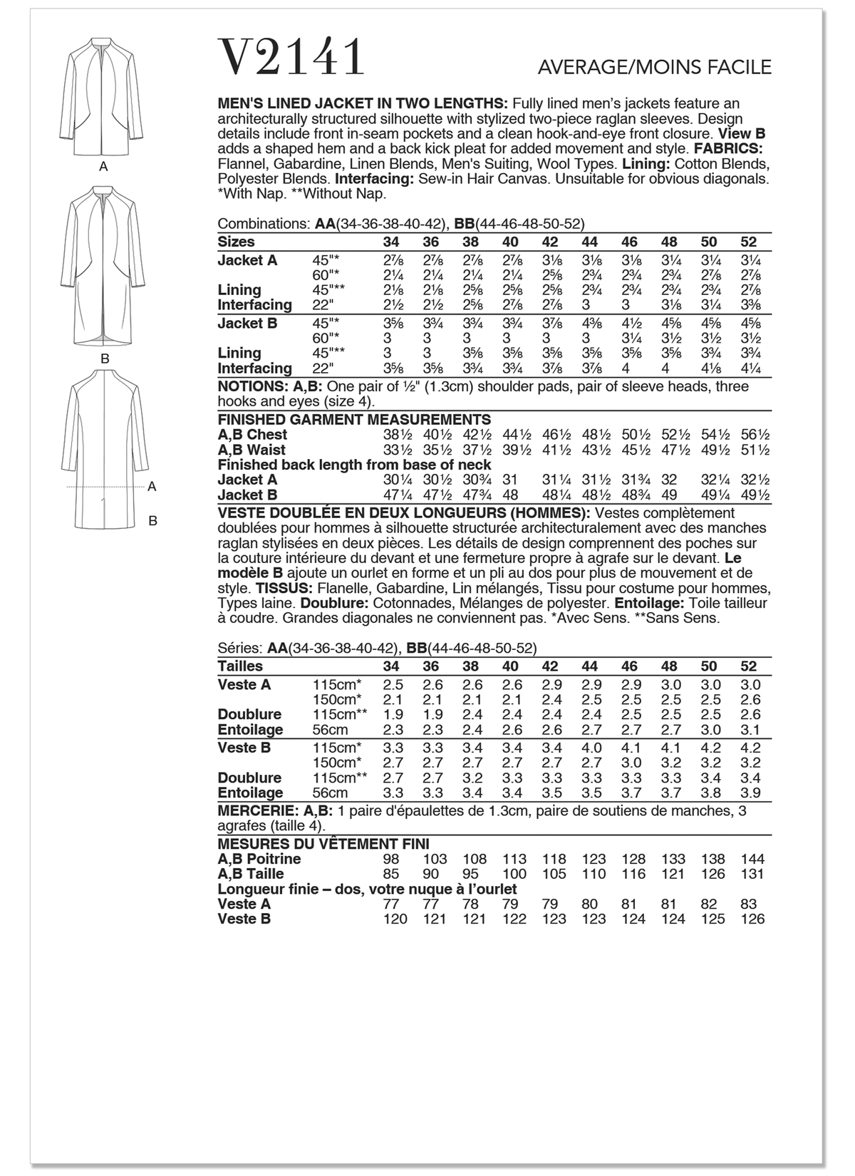 Vogue Patterns V2141 envelope showing a men's lined jacket