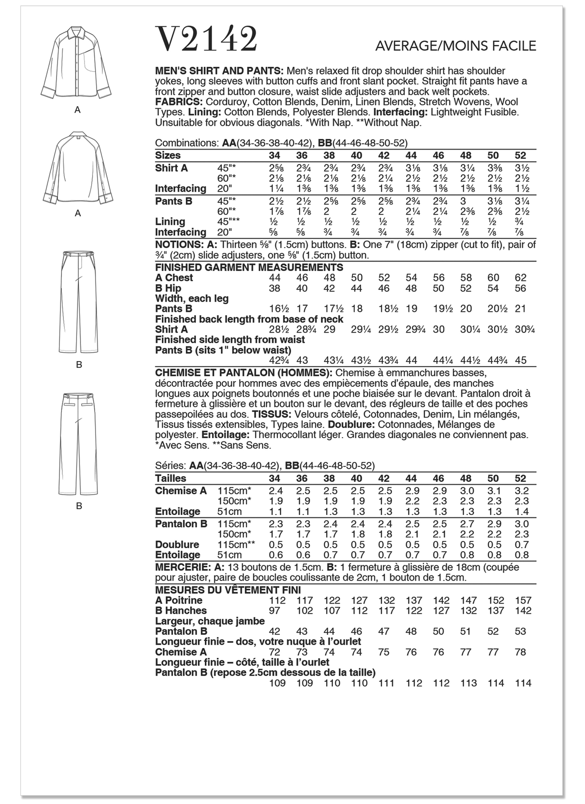 Vogue Patterns V2142 envelope showing a men's drop shoulder shirt