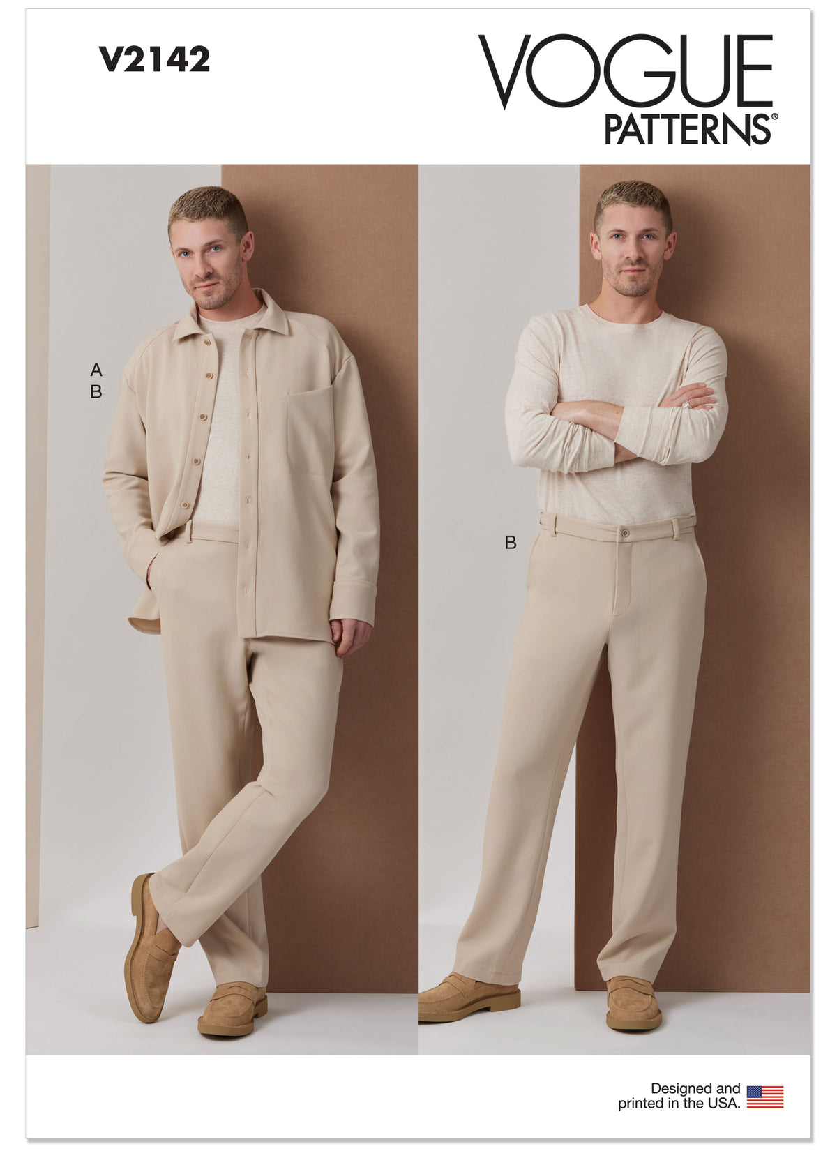 Vogue Patterns V2142 envelope showing a men's drop shoulder shirt
