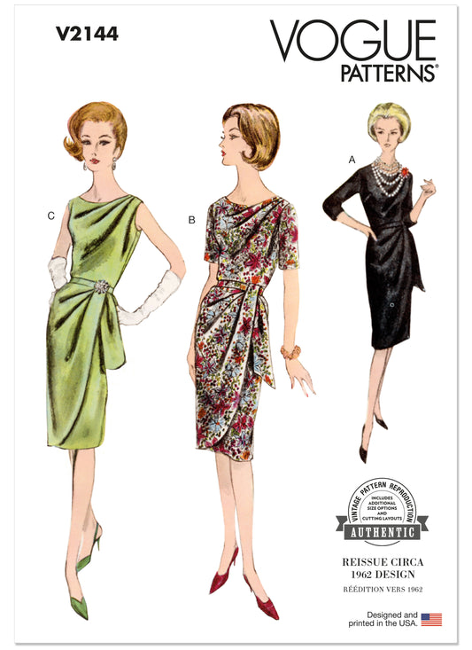 Vogue Patterns V2144 envelope showing a vintage 1962 draped dress