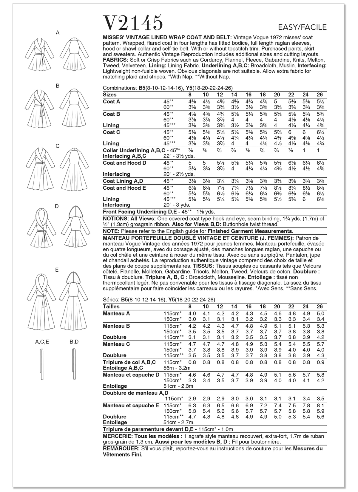 Vogue Patterns V2145 envelope showing a vintage 1972 coat
