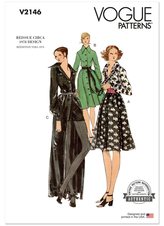 Vogue Patterns V2146 envelope showing a vintage 1978 dress and shorts