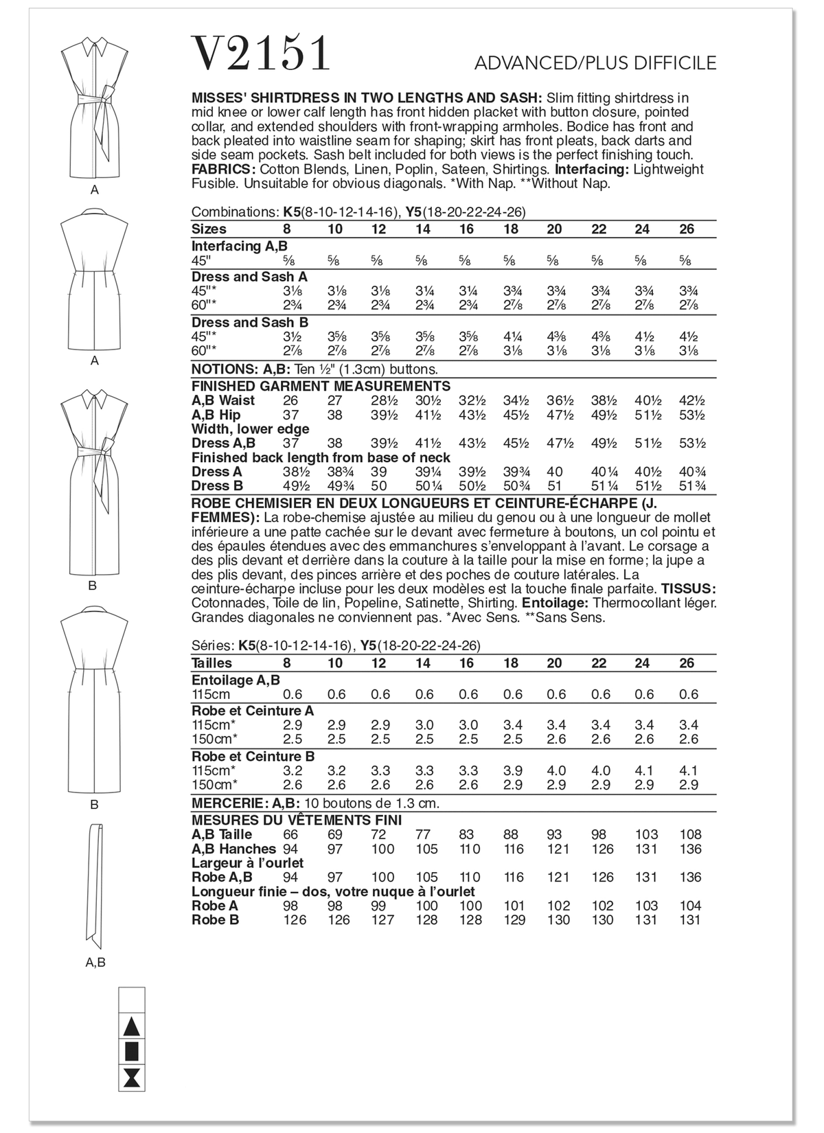 Vogue Patterns V2151 envelope showing a slim fitting shirt dress