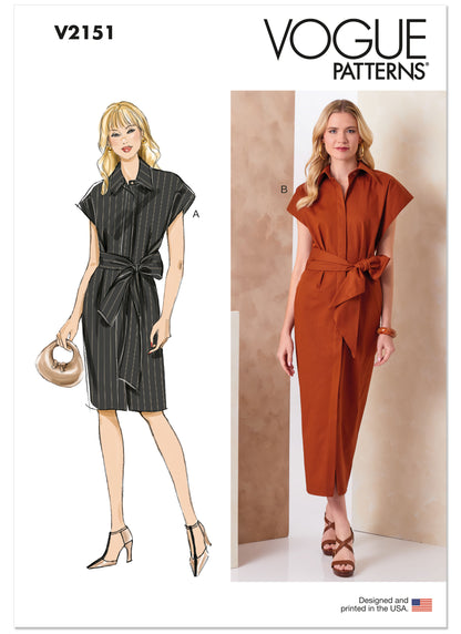 Vogue Patterns V2151 envelope showing a slim fitting shirt dress