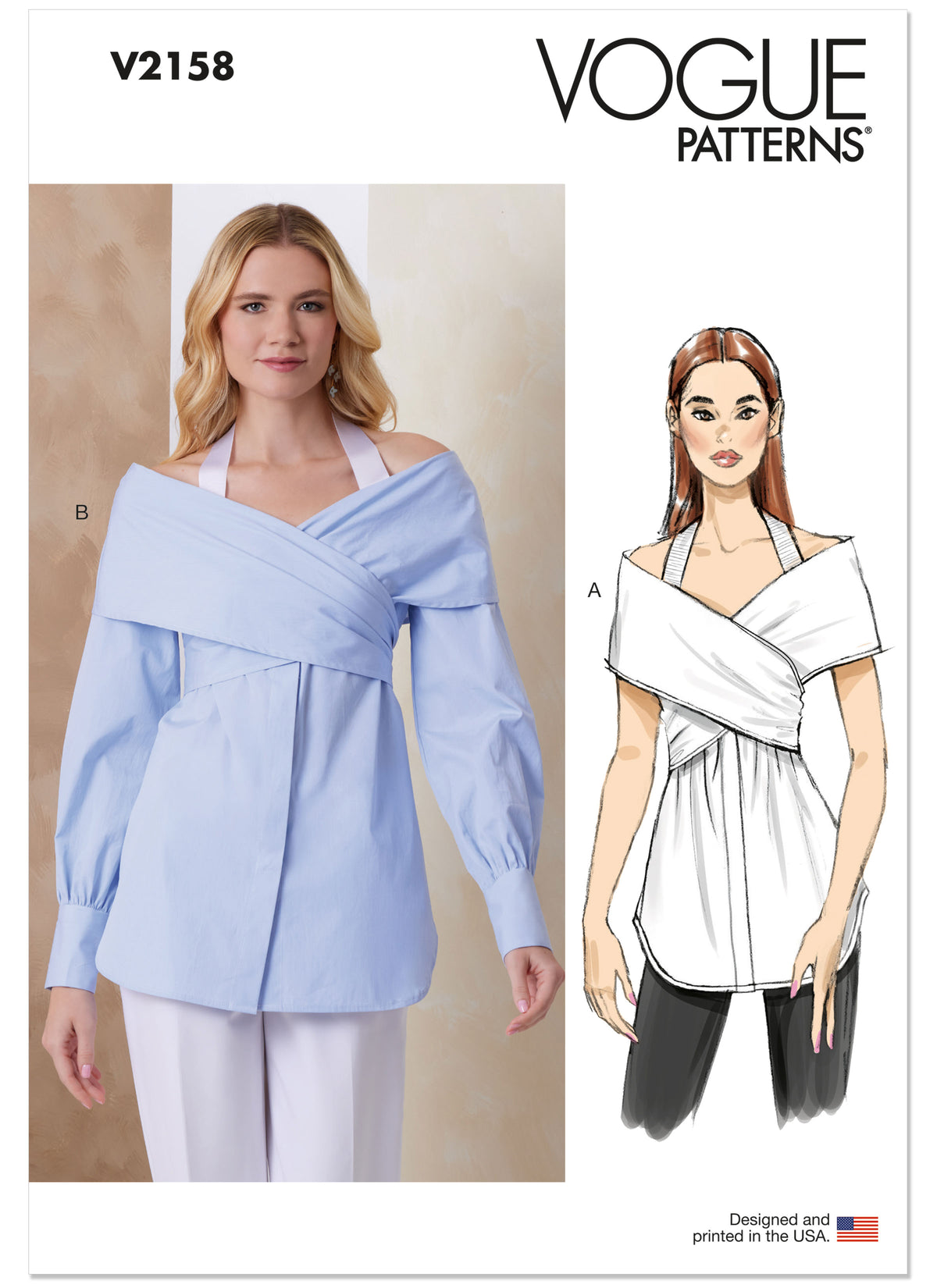 Vogue Patterns V2158 envelope showing a off the shoulder draped top