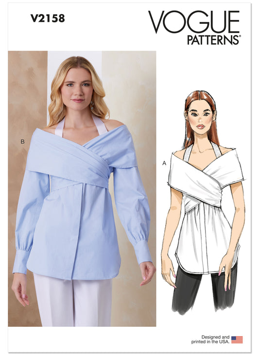 Vogue Patterns V2158 envelope showing a off the shoulder draped top