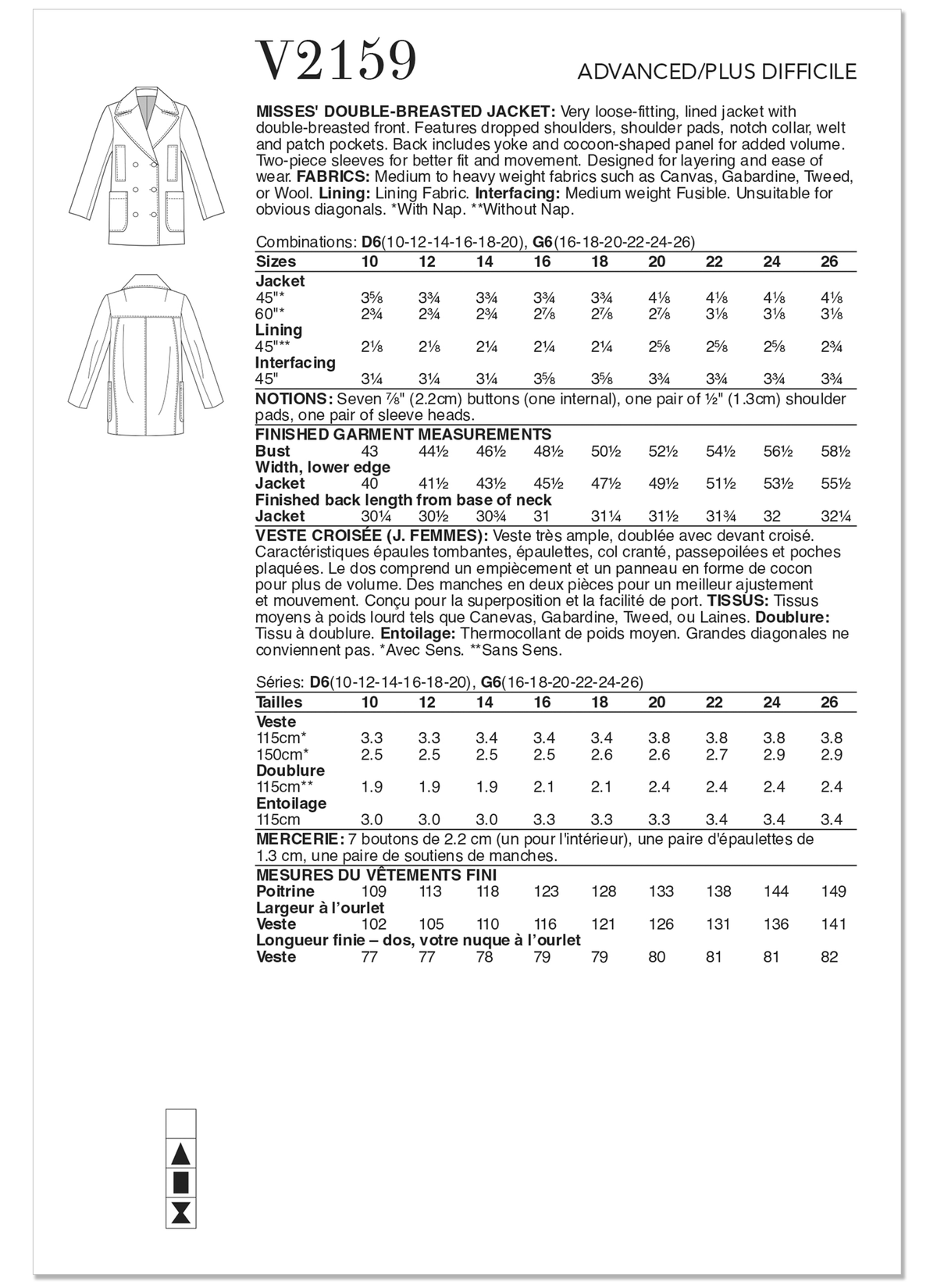 Vogue Patterns V2159 envelope showing a lined double breasted jacket