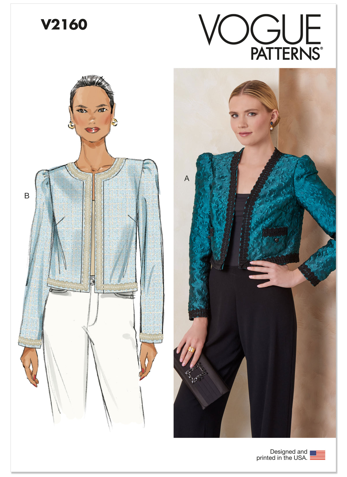 Vogue Patterns V2160 envelope showing a cropped lined jacket