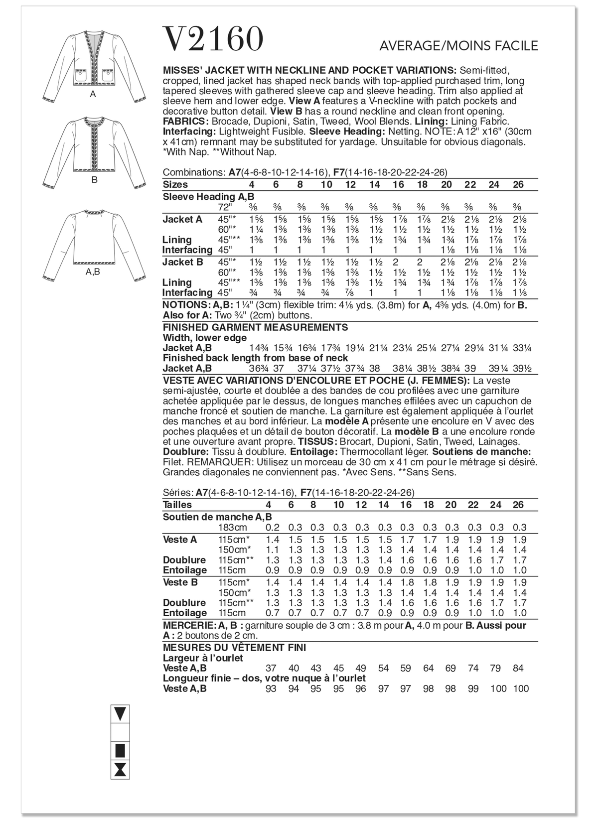 Vogue Patterns V2160 envelope showing a cropped lined jacket
