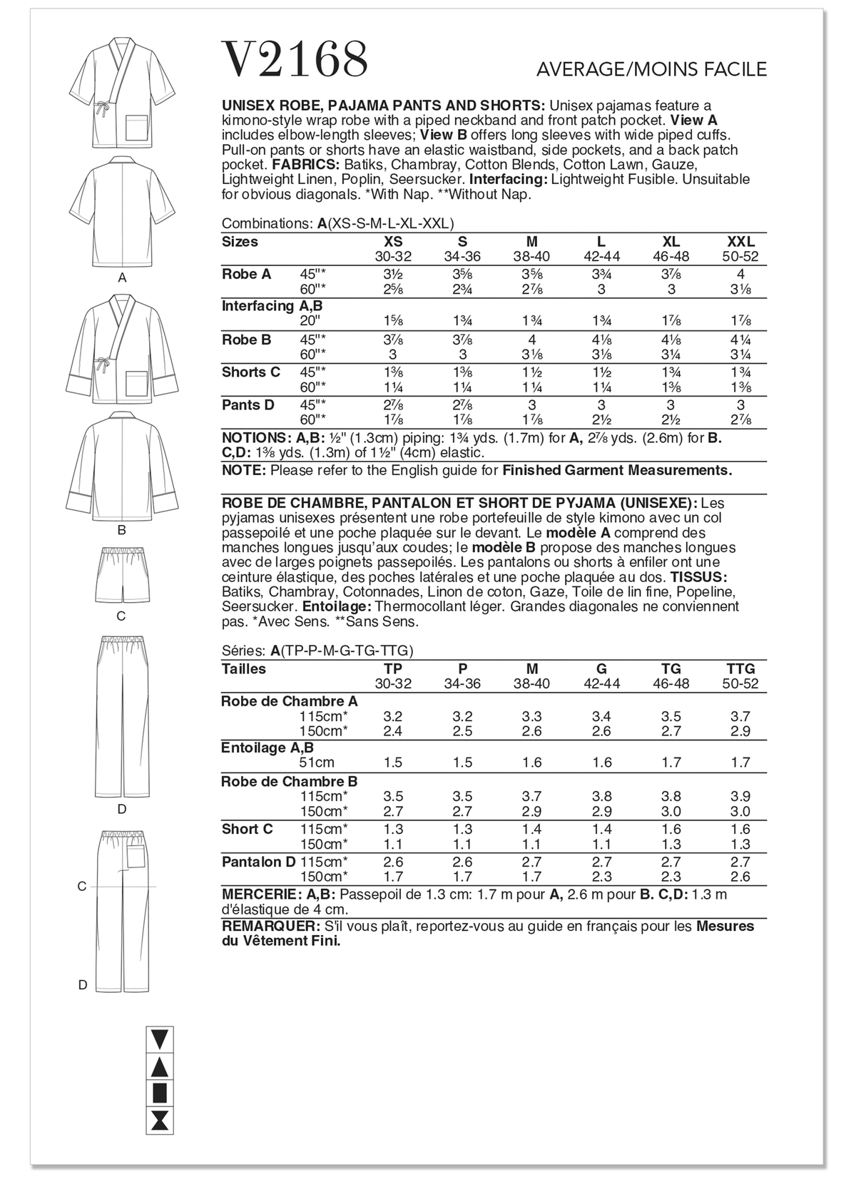 Vogue Patterns V2168 pattern envelope showing unisex pyjamas and robe designs