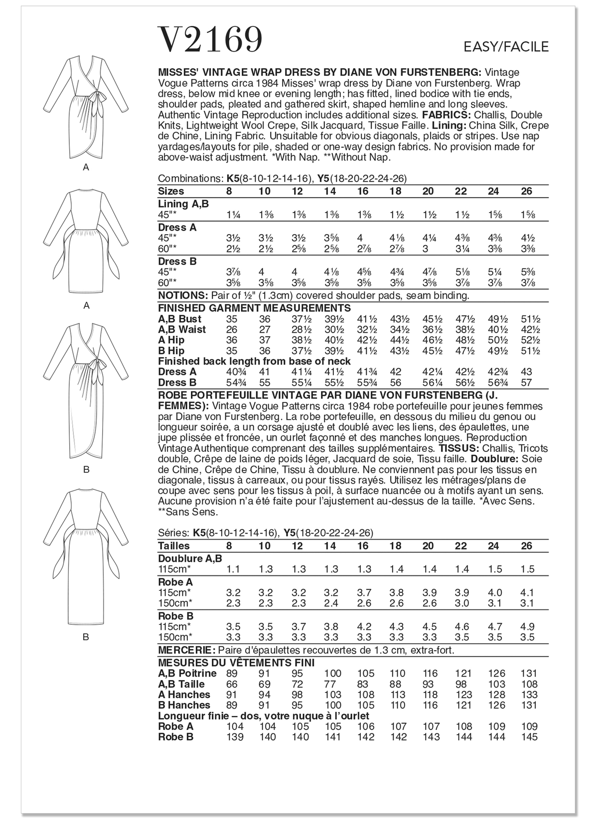 Vogue Patterns V2169 pattern envelope showing vintage 1984 wrap dress designs
