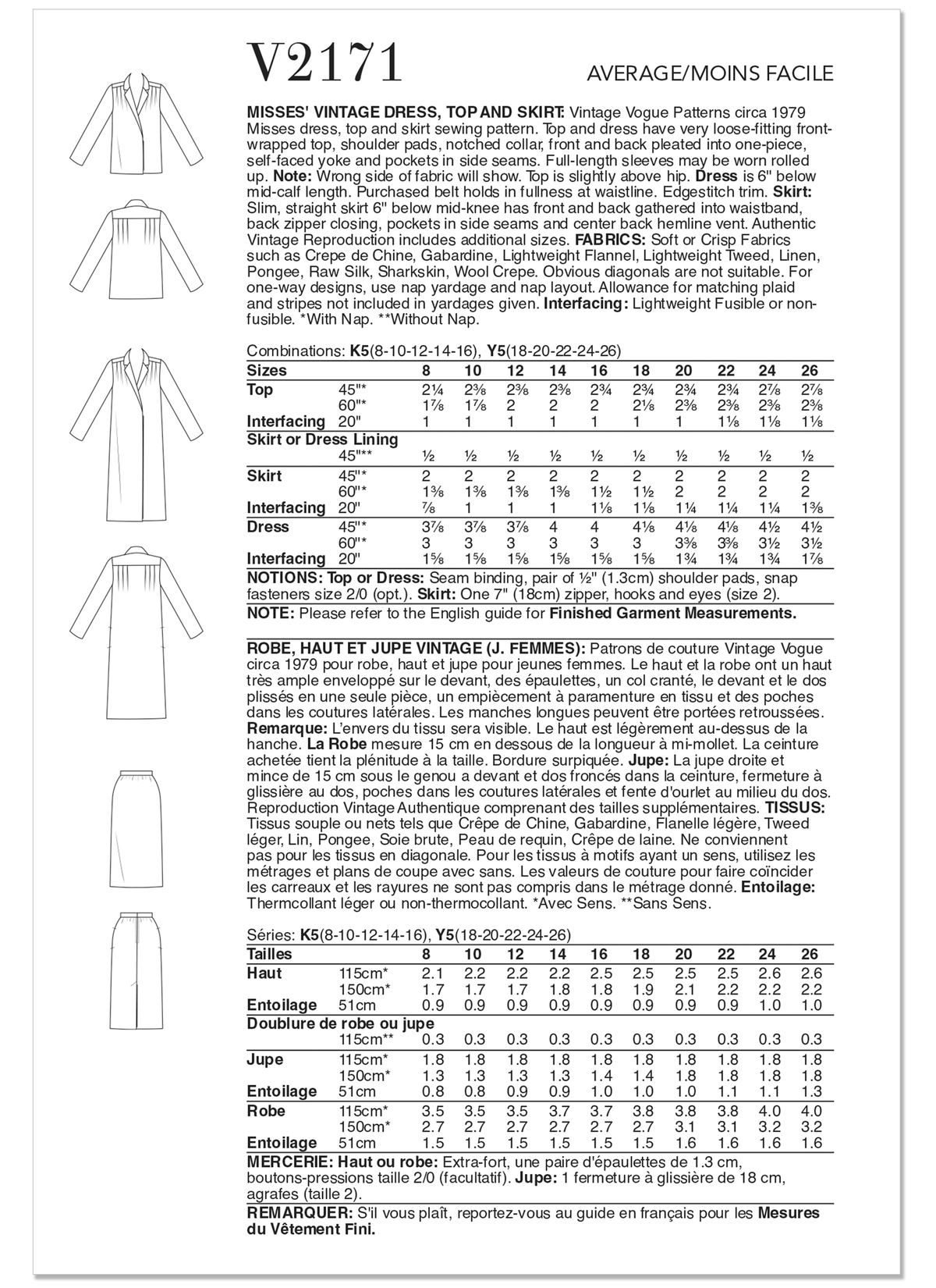 Vogue Patterns V2171 pattern envelope showing vintage 1979 dress, top and skirt designs