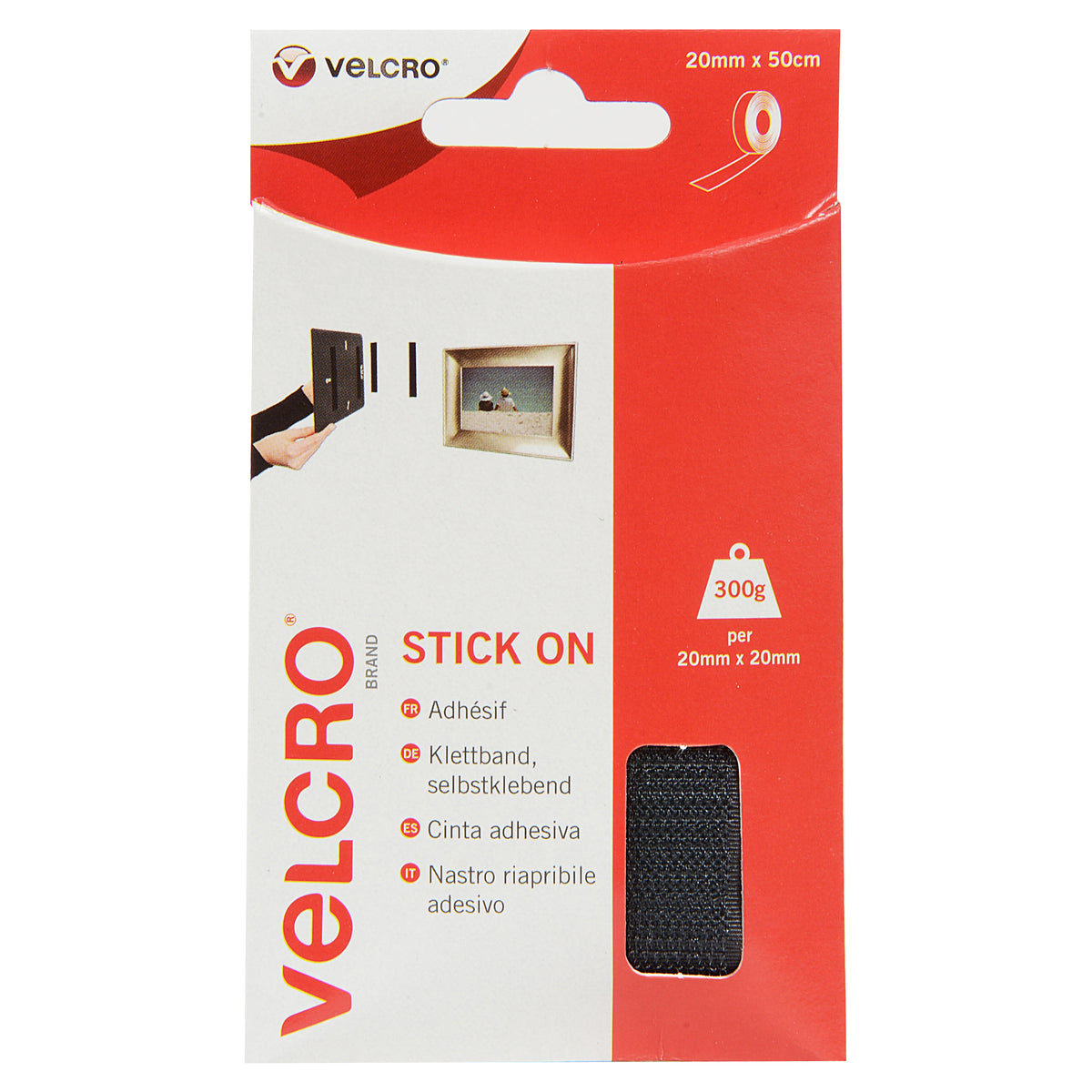 Pack of black VELCRO Brand stick-on hook and loop tape, 50cm x 20mm