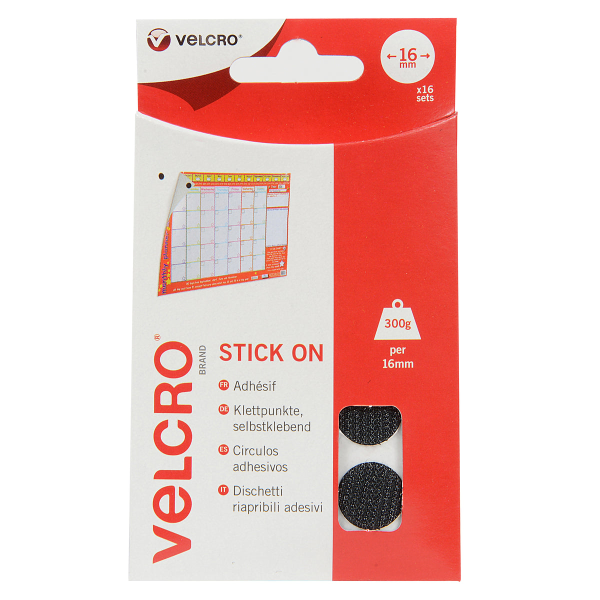 Pack of black VELCRO Brand 16mm stick-on hook and loop coins