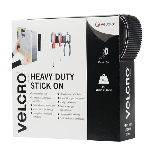 Pack of black VELCRO Brand heavy duty stick-on hook and loop tape, 5m x 50mm