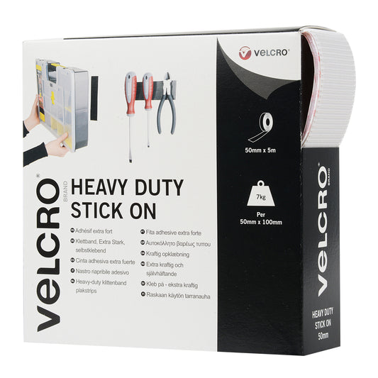 Pack of white VELCRO Brand heavy duty stick-on hook and loop tape, 5m x 50mm