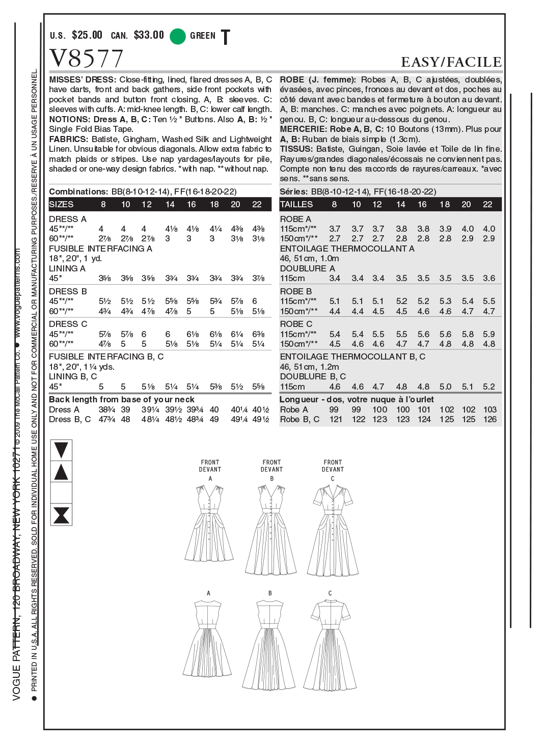 Vogue Patterns V8577 pattern envelope showing flared dress designs
