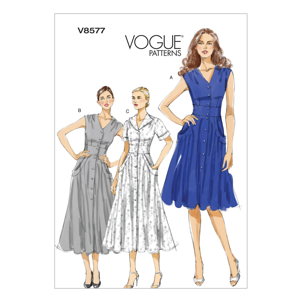 Vogue Patterns V8577 pattern envelope showing flared dress designs