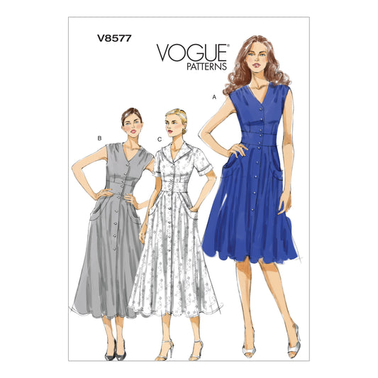 Vogue Patterns V8577 pattern envelope showing flared dress designs