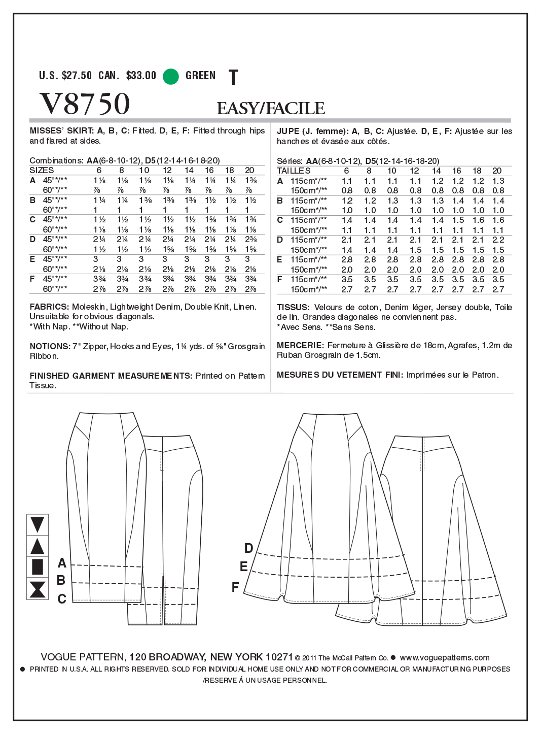 Vogue Patterns V8750 pattern envelope showing skirts designs