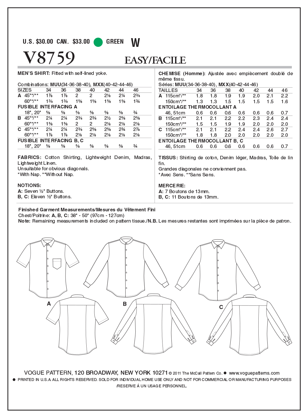Vogue Patterns V8759 pattern envelope showing men's fitted shirt designs