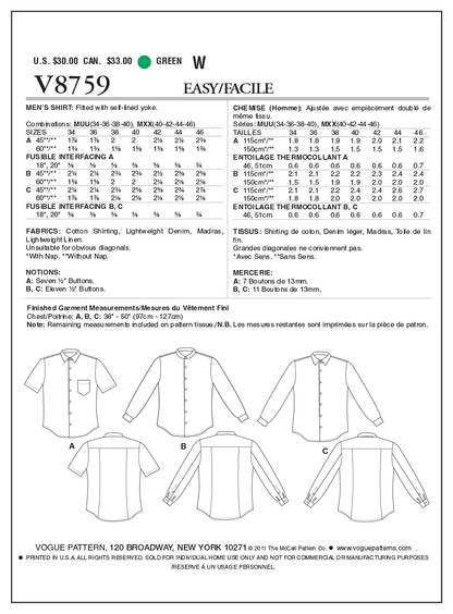 Vogue Patterns V8759 pattern envelope showing men's fitted shirt designs