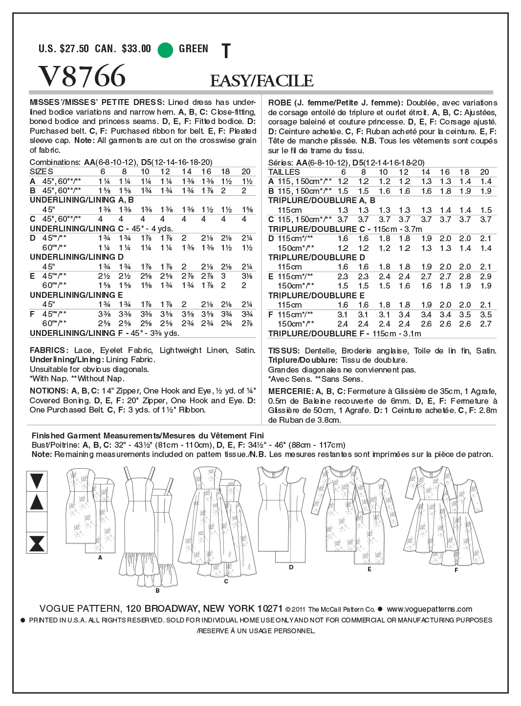 Vogue Patterns V8766 pattern envelope showing lined dress designs