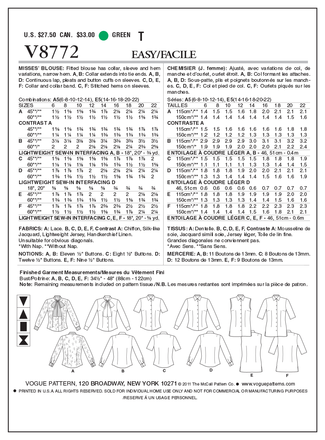 Vogue Patterns V8772 pattern envelope showing fitted blouse designs