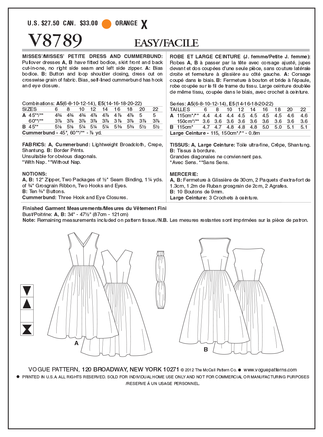Vogue Patterns V8789 pattern envelope showing sleeveless dress designs