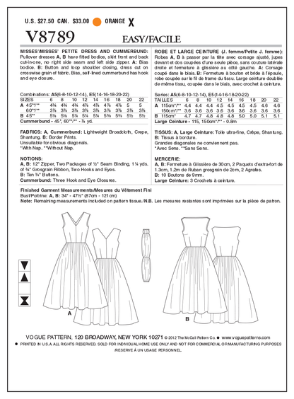 Vogue Patterns V8789 pattern envelope showing sleeveless dress designs