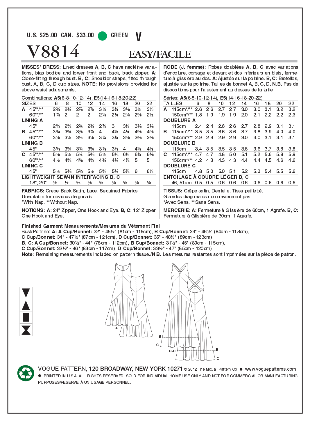 Vogue Patterns V8814 pattern envelope showing special occasion dress designs