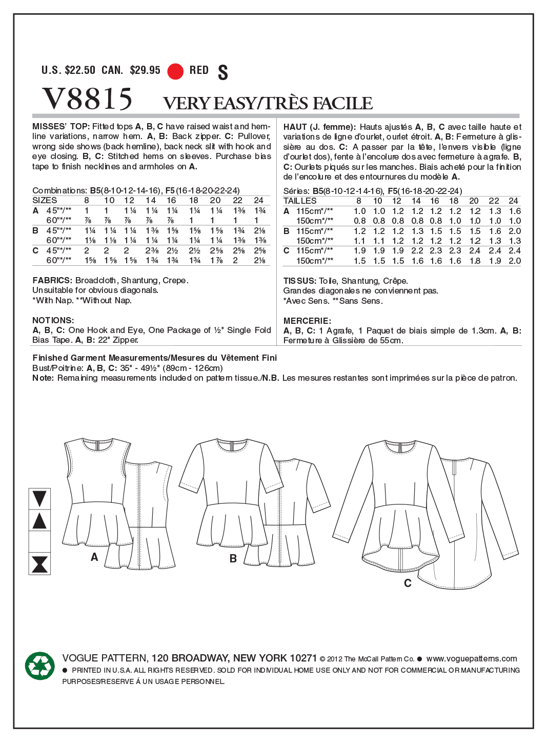 Vogue Patterns V8815 pattern envelope showing fitted top designs