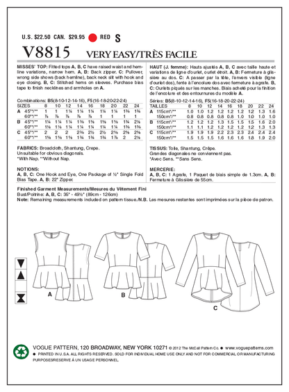 Vogue Patterns V8815 pattern envelope showing fitted top designs