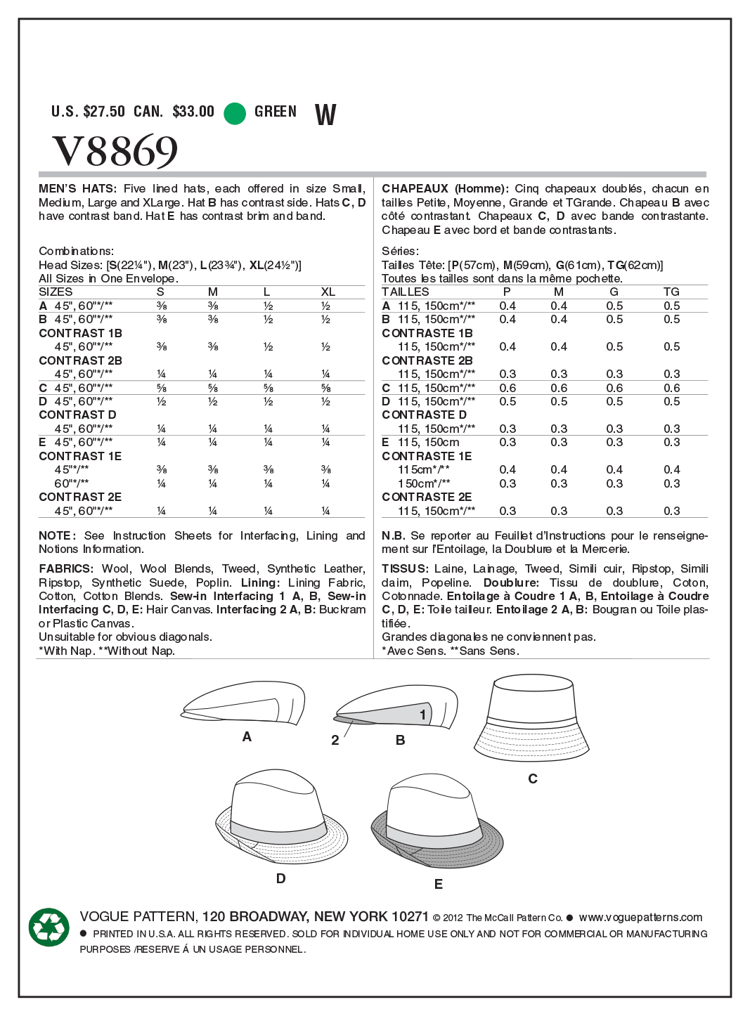 Vogue Patterns V8869 pattern envelope showing lined hats designs
