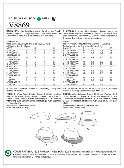 Vogue Patterns V8869 pattern envelope showing lined hats designs