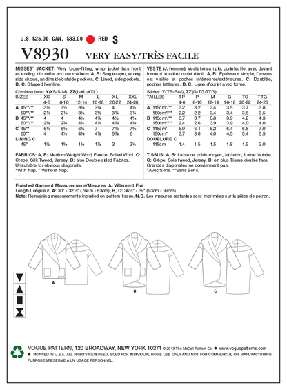 Vogue Patterns V8930 jacket sewing pattern envelope