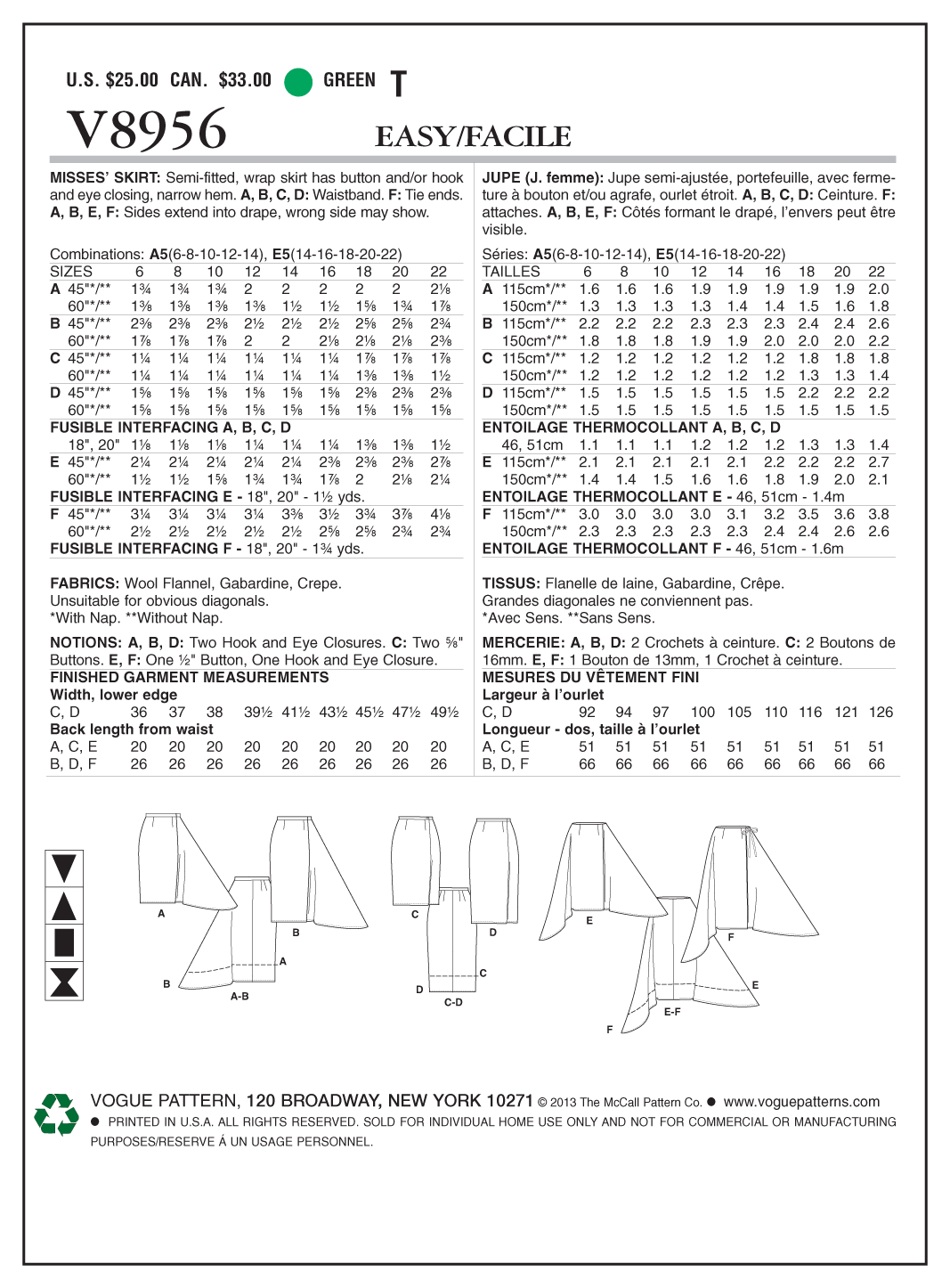 Vogue Patterns V8956 skirt sewing pattern envelope