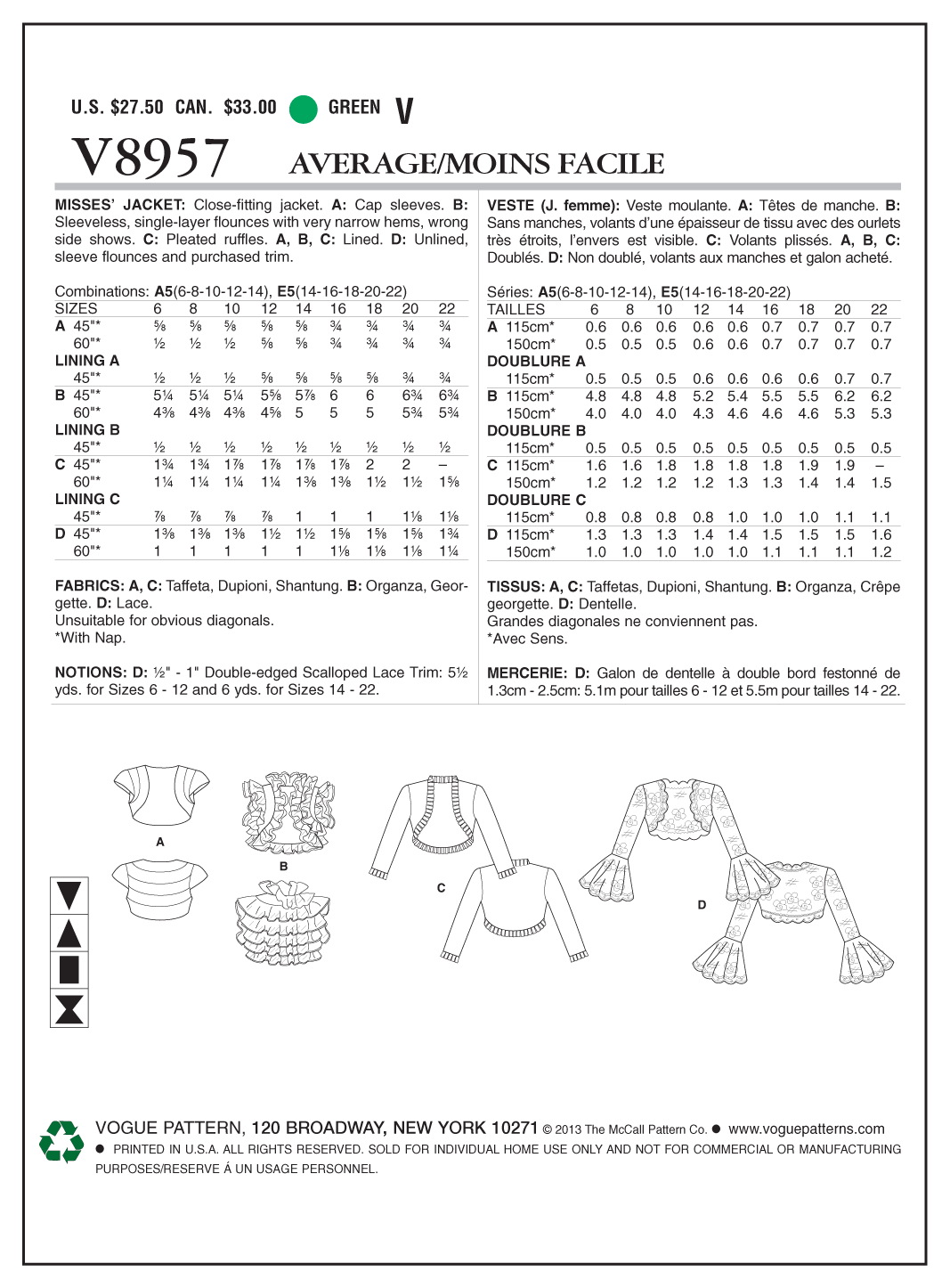 Vogue Patterns V8957 bolero sewing pattern envelope