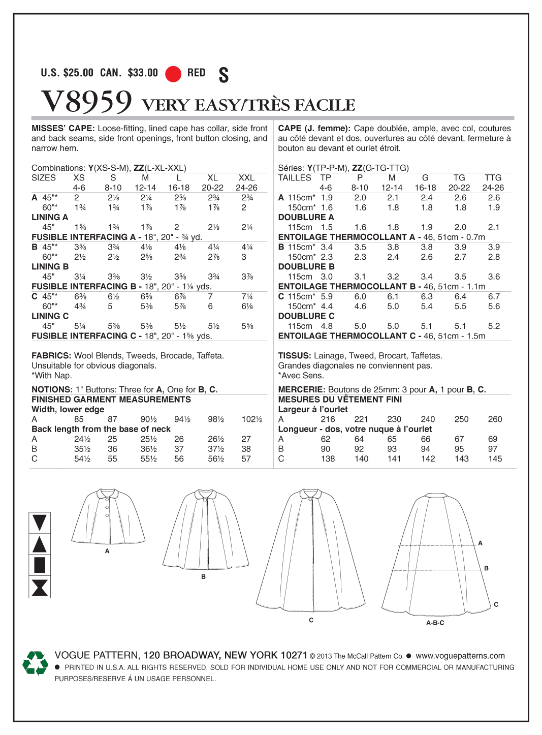Vogue Patterns V8959 cape sewing pattern envelope