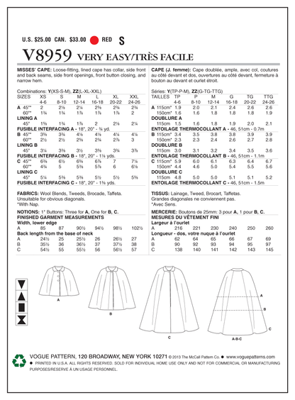 Vogue Patterns V8959 cape sewing pattern envelope