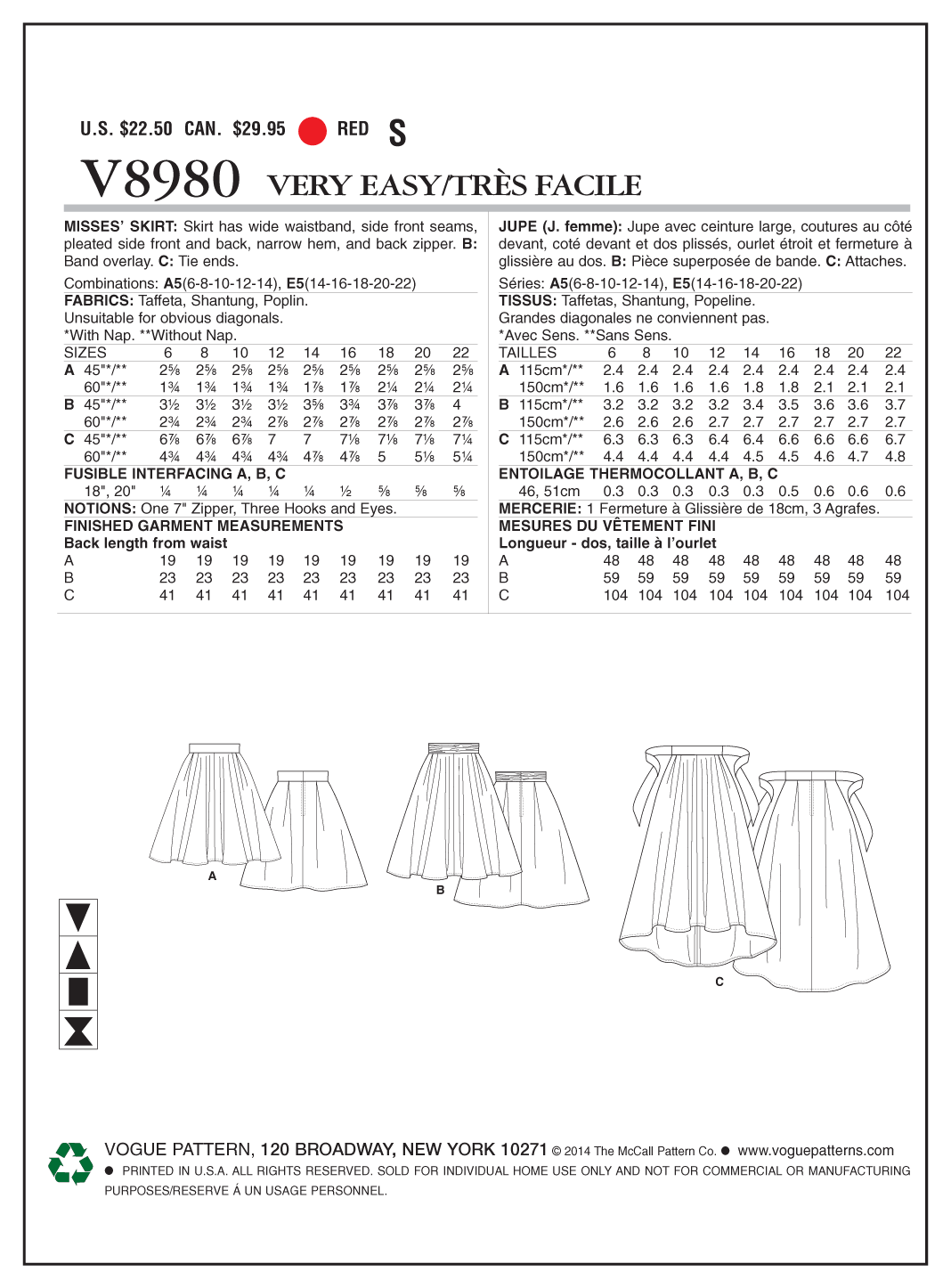 Vogue Patterns V8980 skirt sewing pattern envelope