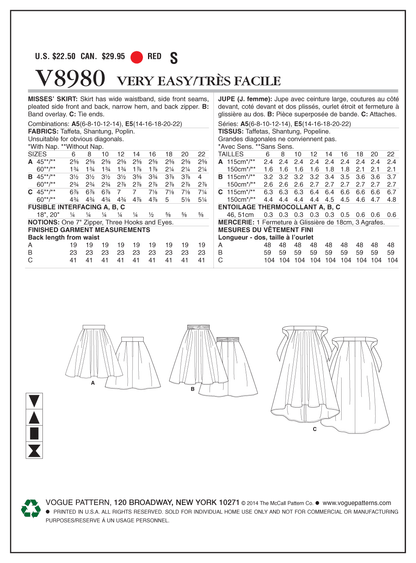 Vogue Patterns V8980 skirt sewing pattern envelope