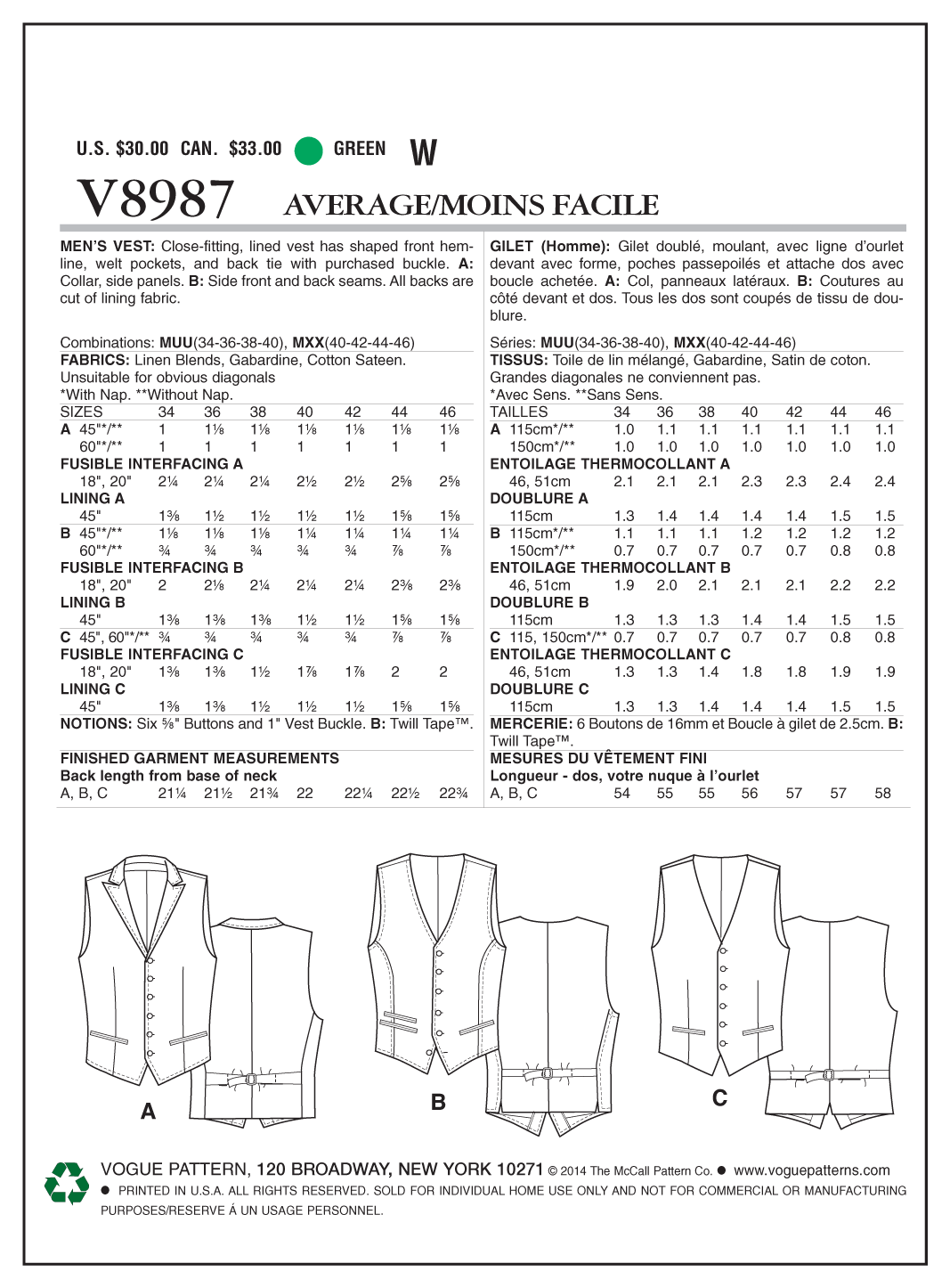 Vogue Patterns V8987 waistcoat sewing pattern envelope