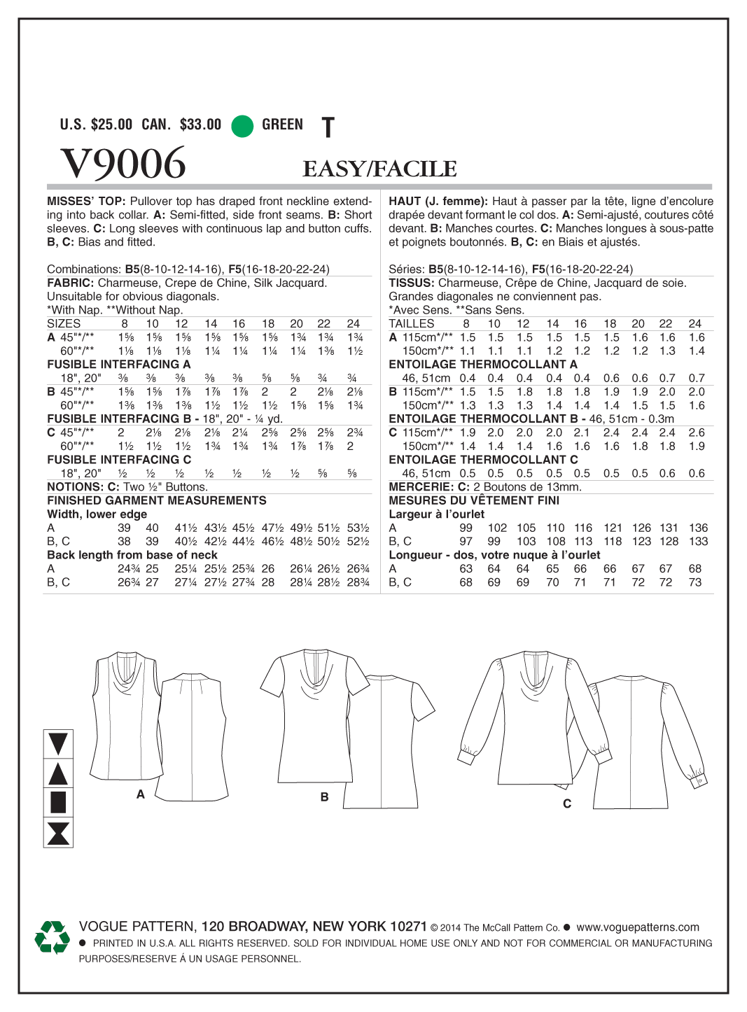 Vogue Patterns V9006 top sewing pattern envelope