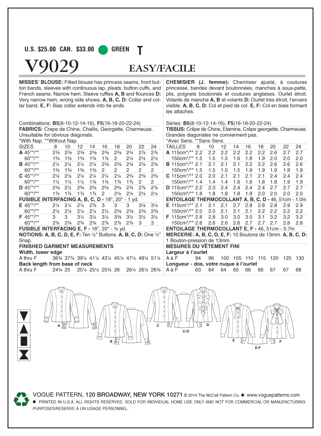 Vogue Patterns V9029 blouse sewing pattern envelope