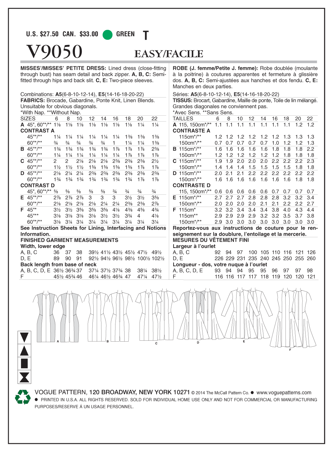 Vogue Patterns V9050 dress sewing pattern envelope