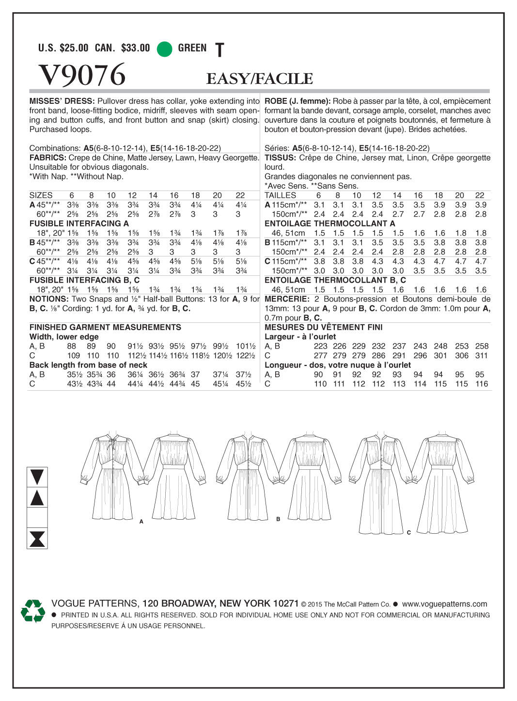 Vogue Patterns V9076 envelope showing misses' pullover dress designs