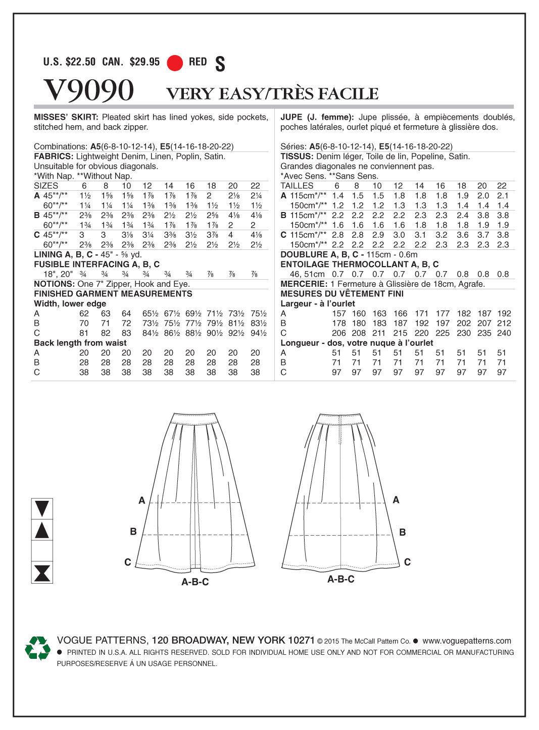 Vogue Patterns V9090 envelope showing misses' pleated skirt designs