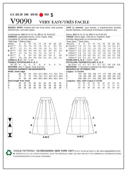 Vogue Patterns V9090 envelope showing misses' pleated skirt designs